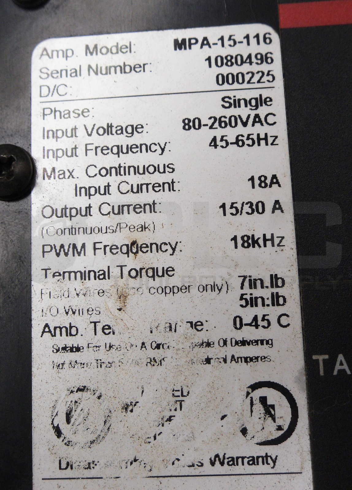 MTS MPA-15-116 SERVO AMPLIFIER 1PH 80-260VAC 45-65HZ 18A