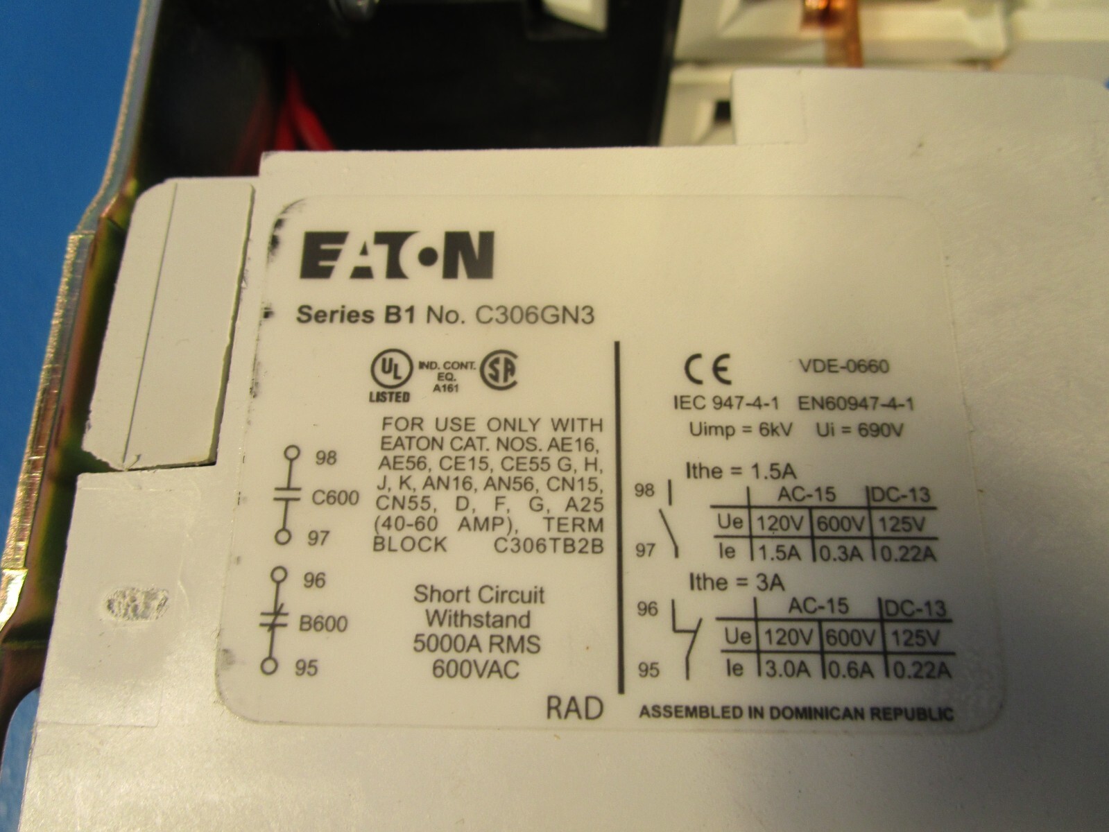 Eaton AN16GNY11AB, AN16YED40 ENHANCED COIL MOTOR STARTER, 600 VAC 45A 120V COIL