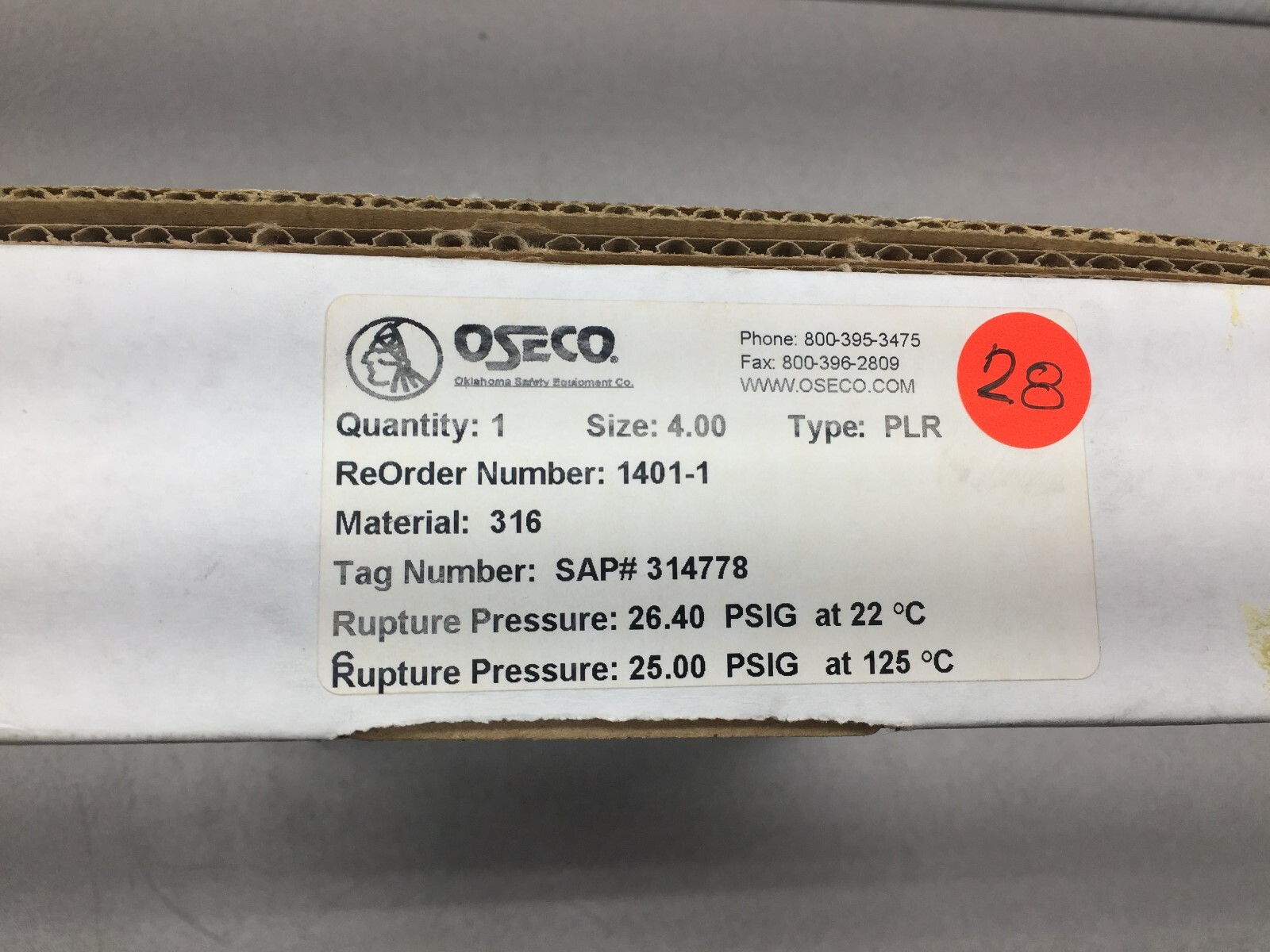 NEW IN BOX OSECO PLR 4″ 316SS 26.40PSIG RUPTURE DISK 314778 / 1401-1-1