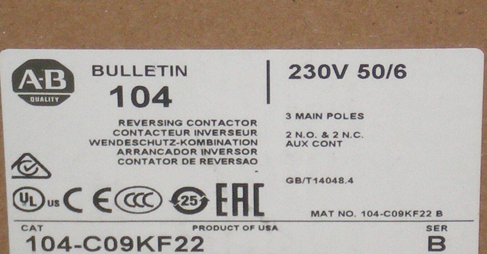 New! Allen Bradley 104-C09KF22 Reversing Contactor 230 VAC Coils 100-C09*10