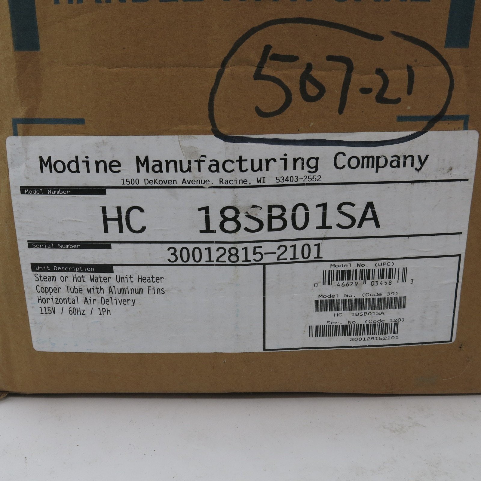 Modine HC18SB01SA HC18 Horizontal Steam Hydronic Unit Heater – 15,900 BTU