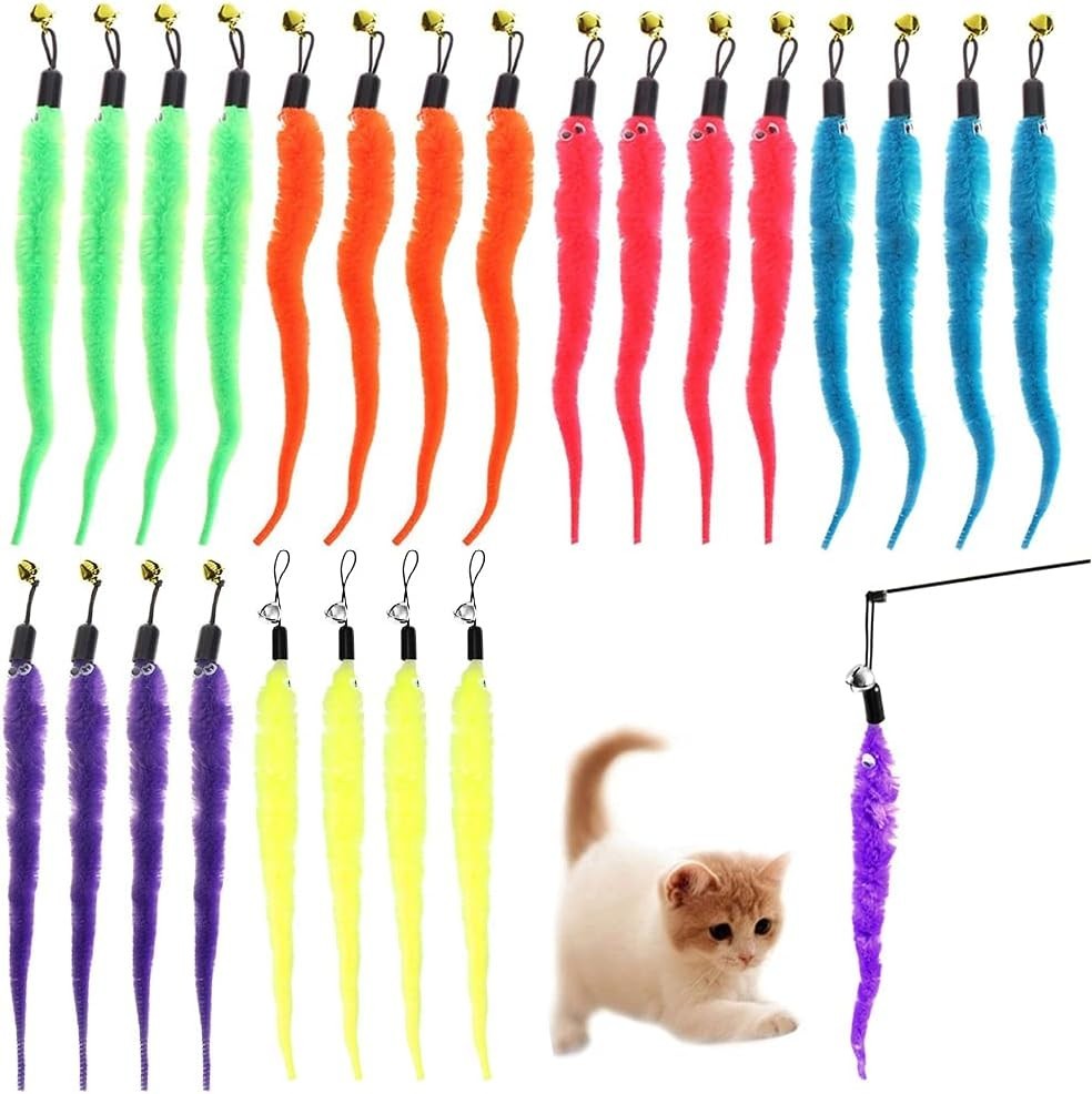 24-PCS Cat Worm Toy Refills Cat Wand Feather Teaser Refills Attachment