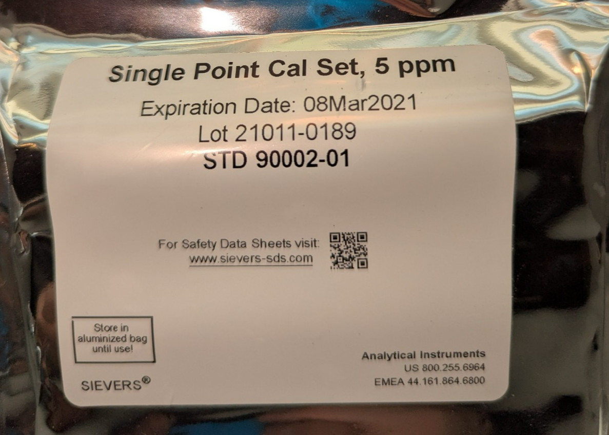 Sievers STD 90002-01 Single Point Calibration Set 5 ppm Exp 3/8/21