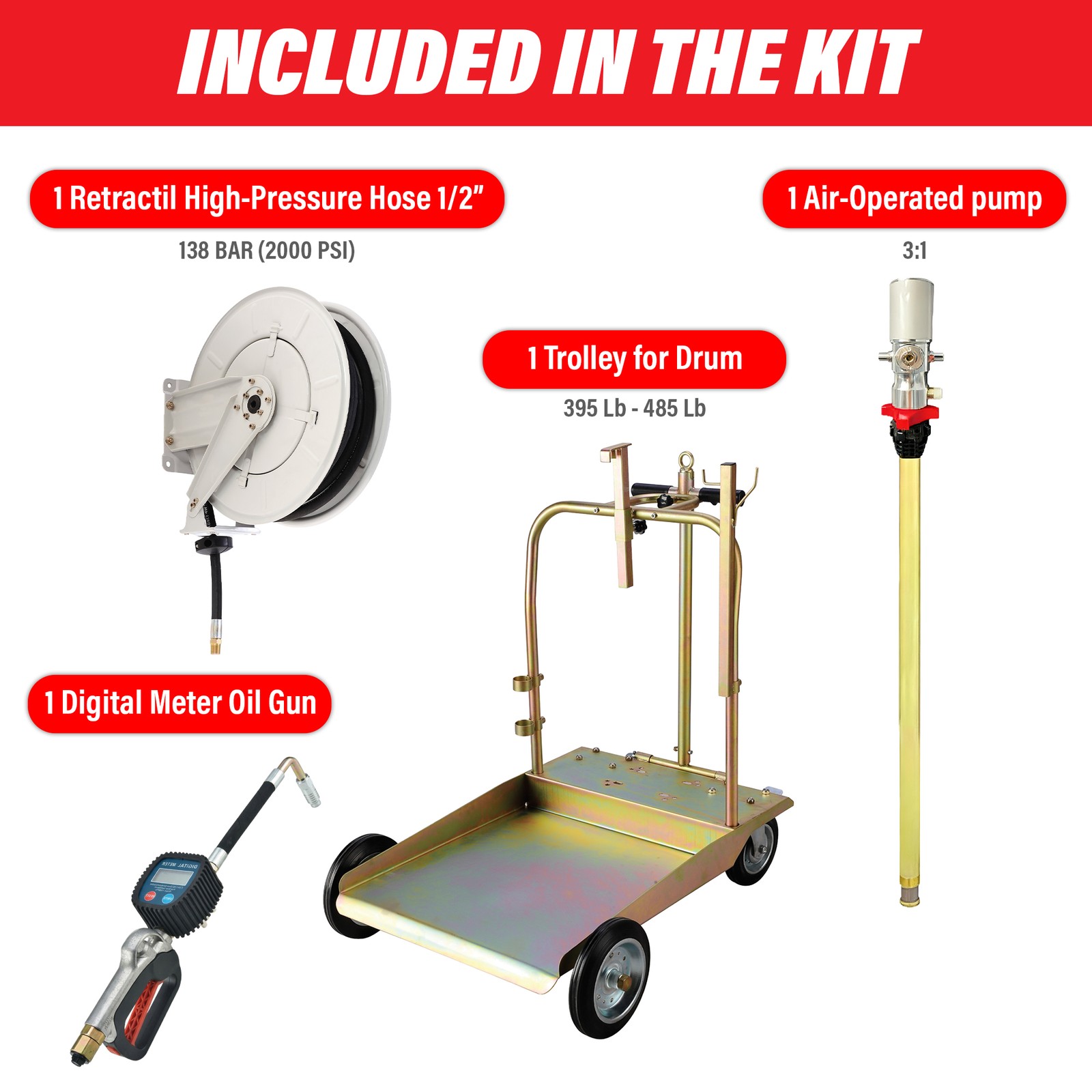 LAUCO Mobile Oil Pump Kit – 3:1 Air Operated Drum Pump for 55 Gallon Barrel