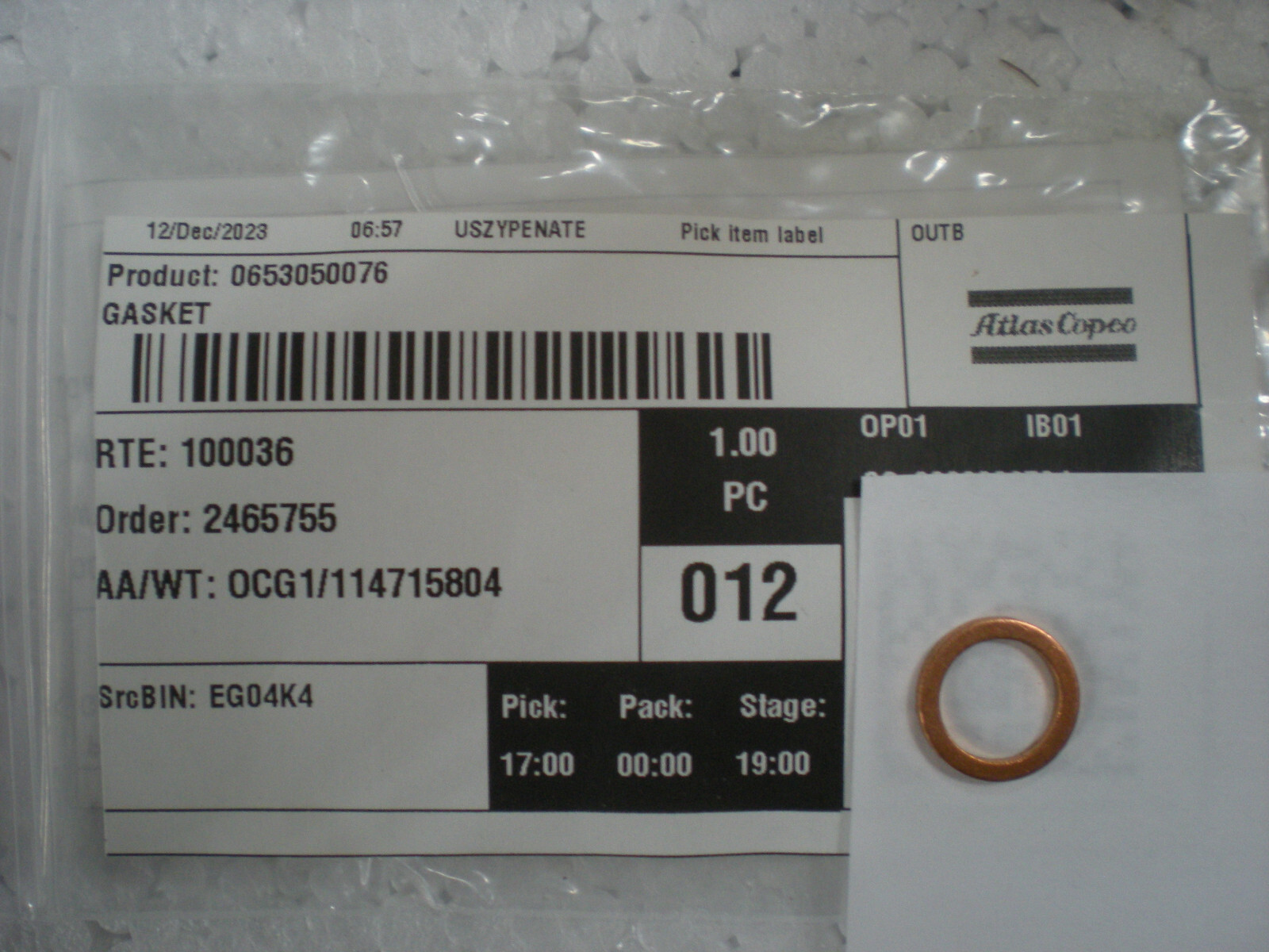 0653050076 COPPER GASKET SEAL WASHER GENUINE Atlas Copco Air Compressor