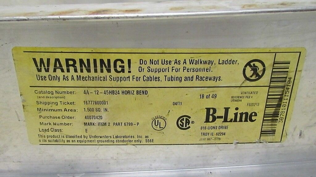 Cooper B-Line Ladder Cable Tray 4A-12-45HB24 hrz Bend 45deg 12″w 4″H 24radi Alum
