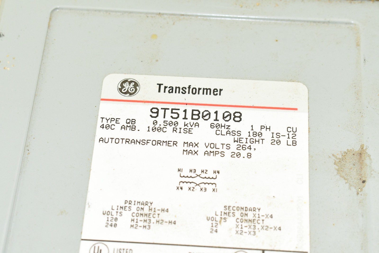 GE 9T51B0108 0.500 KVA 1 Phase 3R Enclosed Transformer 120 240 to 12/24v