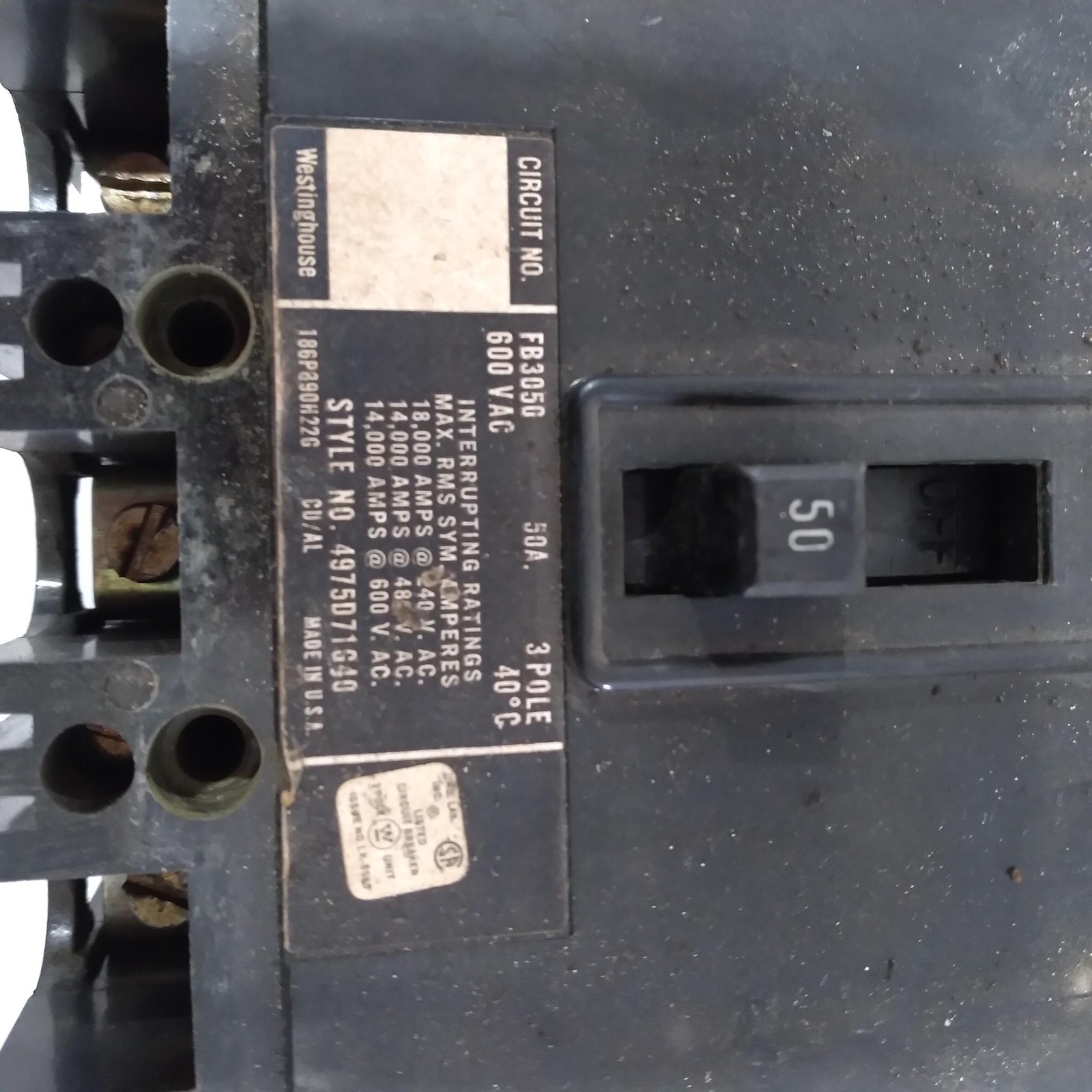 WESTINGHOUSE FB3050 50A 3POLE 600VAC with operator switch as in picture