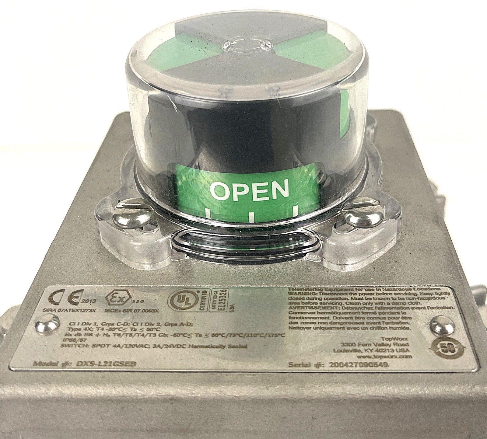 TOPWORX, DXS-L21GSEB, 3/4″ NPT, 316 SST, 120 VAC, DISPLAY GREEN OPEN, NEW