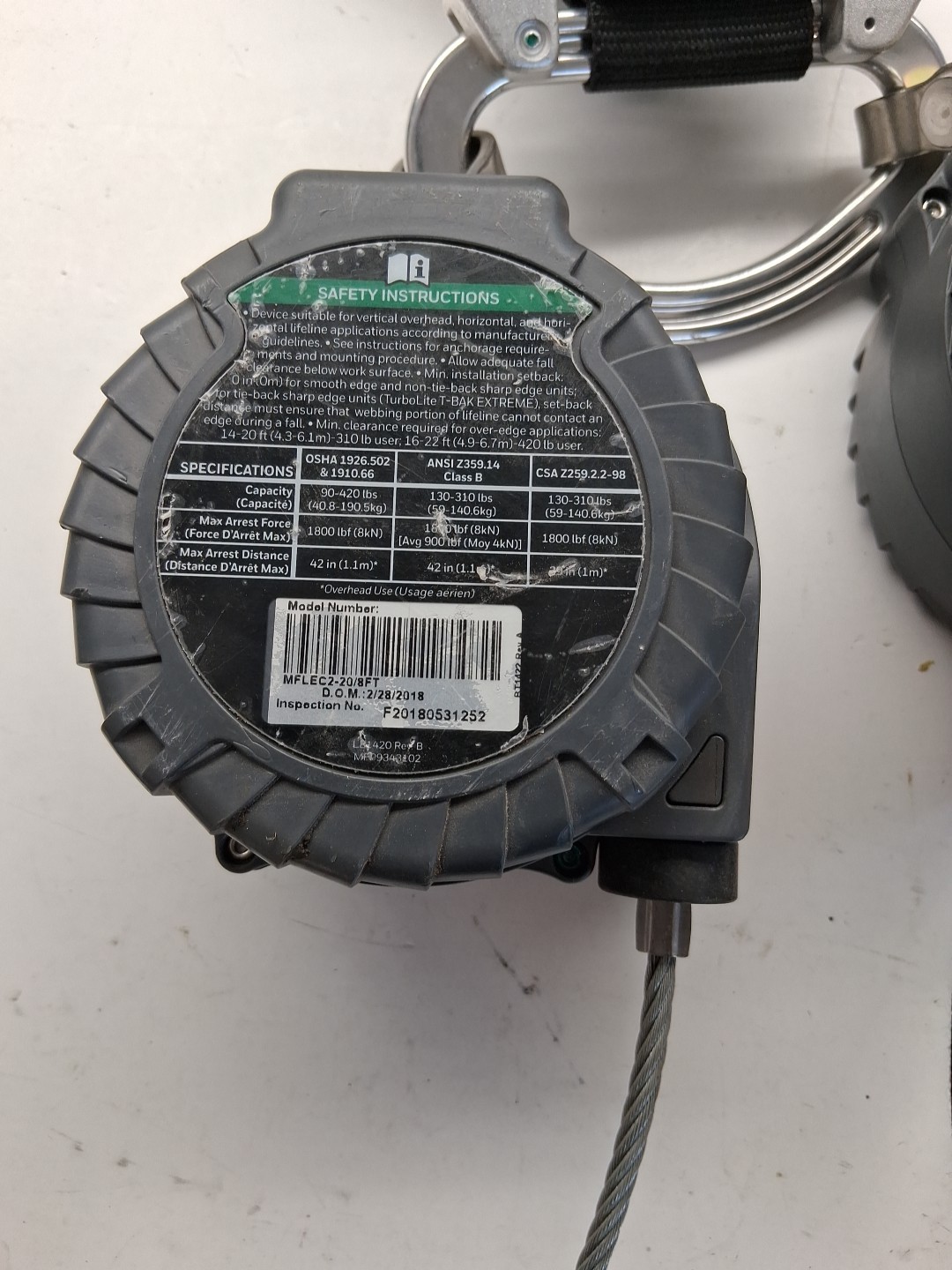 HONEYWELL MILLER MFLEC2-20/8FT Self-Retracting Lifeline,Gray