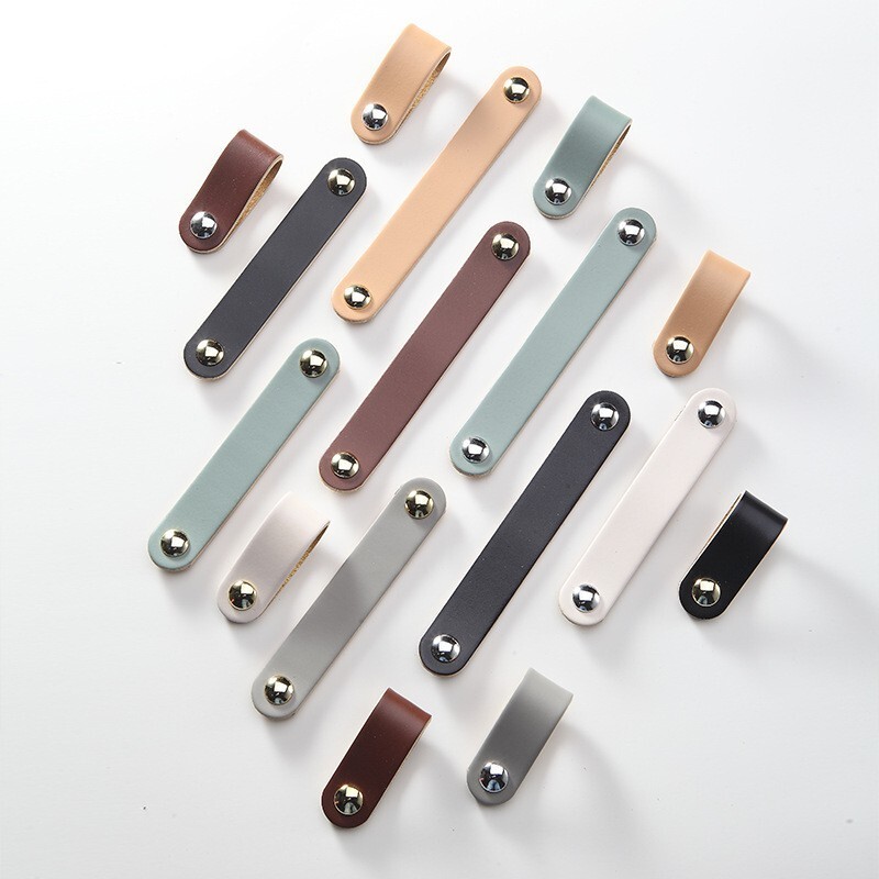5Pcs Leather Drawer Pulls Single Hole Knobs for Drawers, Grey/Silver