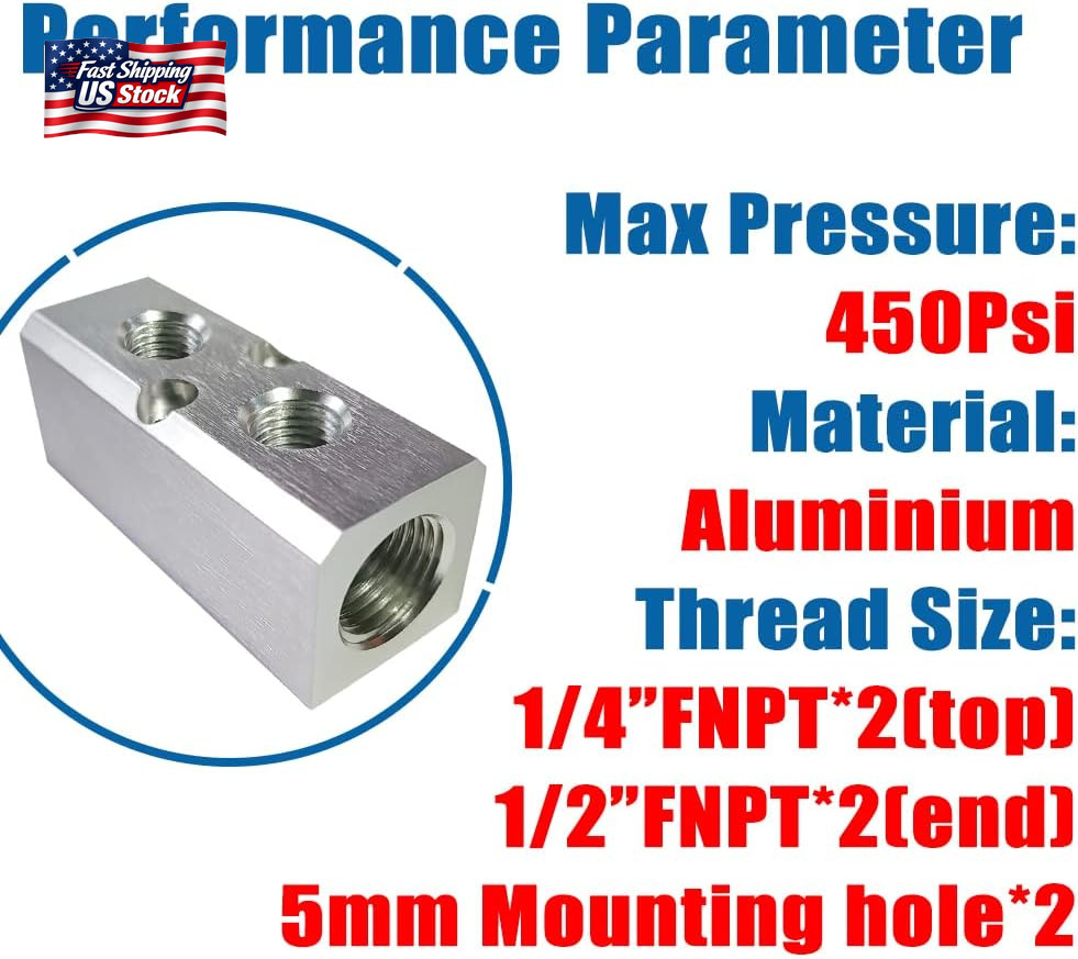 Quality 2 Way 4 Port Air Manifold 1/2″ NPT Supply Port 1/4″ NPT Outport with Mou