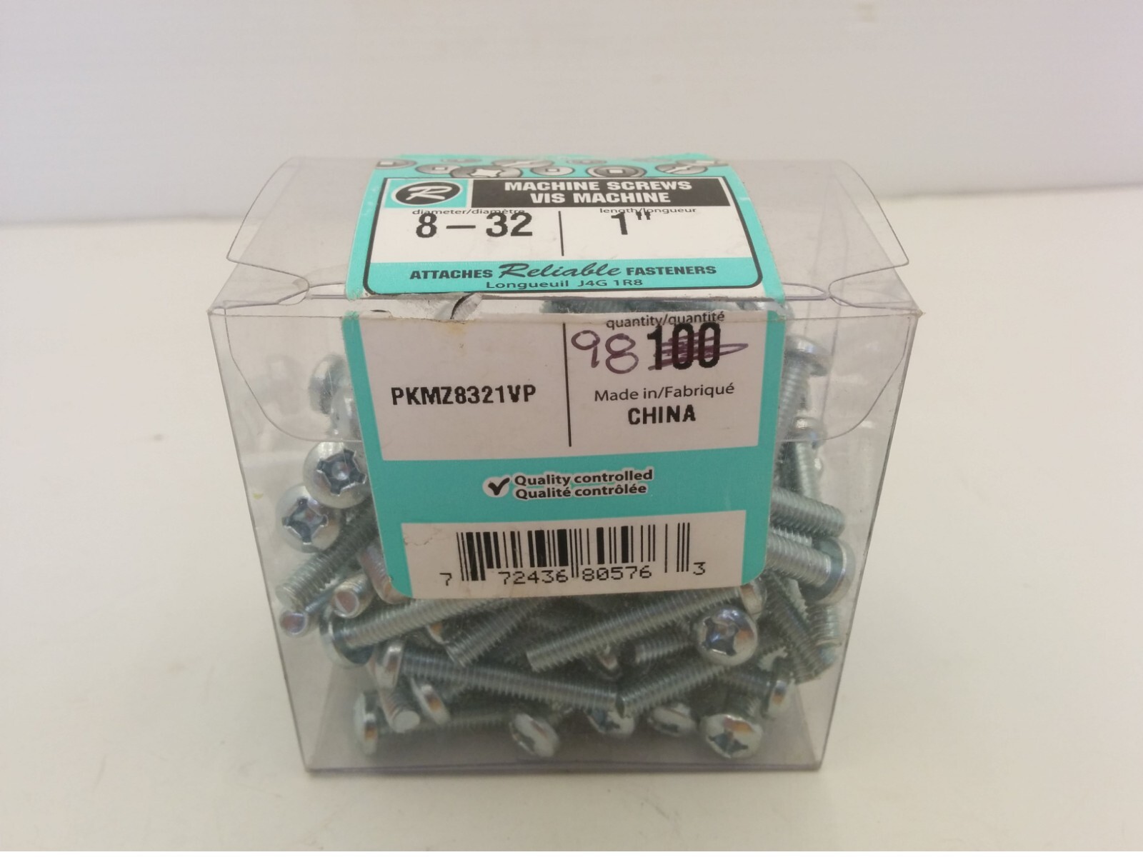 RELIABLE 8-32 MACHINE SCREWS, 1″ PANHEAD, BOX OF 98, NIB