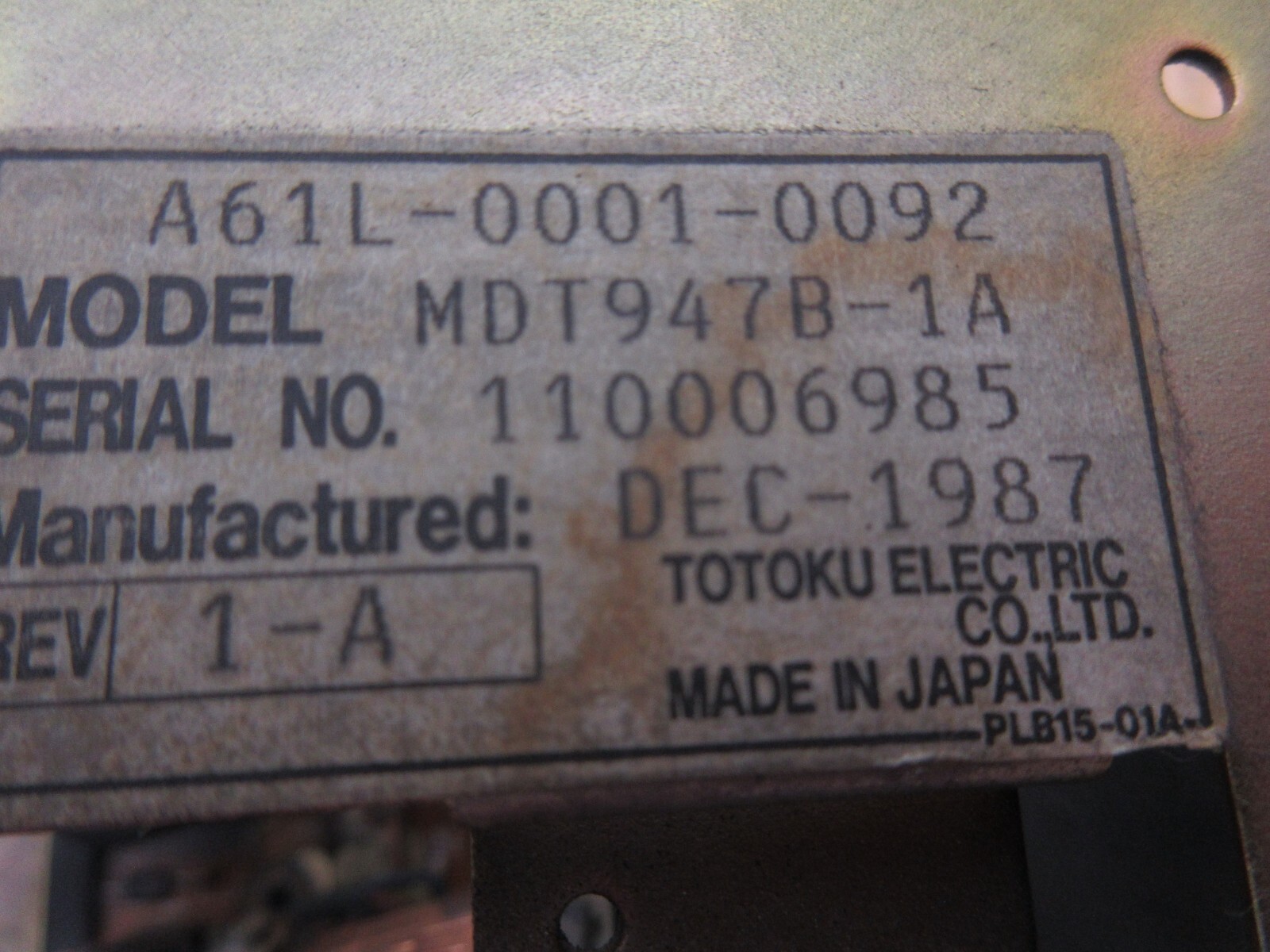 TOTOKU DISPLAY MONITOR A61L-0001-0092 MDT947B-1A 110006985 DEC-1987 1-A