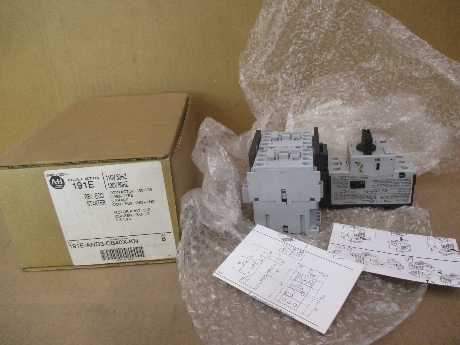 New Open Box Allen-Bradley 191E-AND3-CB40X-KN Contactor 100-C09 53084NADC