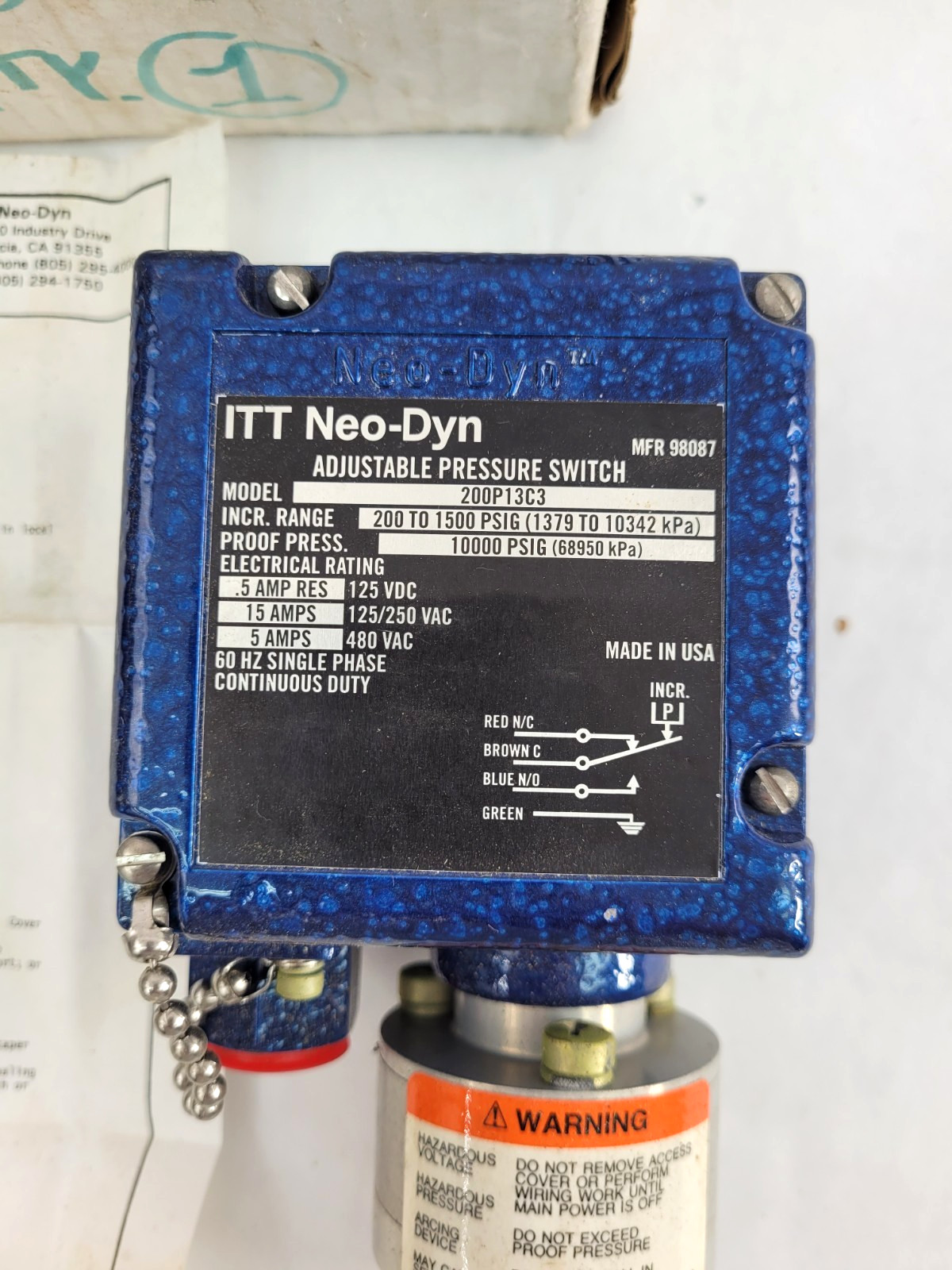 NEW ITT Aerospace Controls Neo-Dyn MFR 98087 200P13C3 Adjustable Pressure Switch