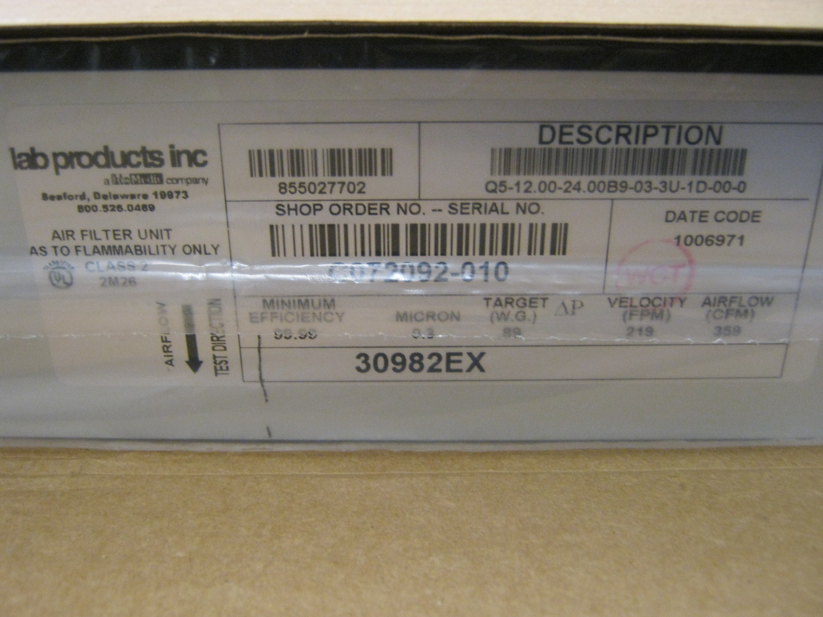 LAB PRODUCTS INC 855027702 AIR FILTER UNIT Q5-12.00-24.00B9-03-3U-1D-00-0