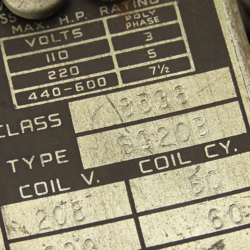 Square D Class 8536 Type SG20B Magnetic Contactor 208/220V Coil