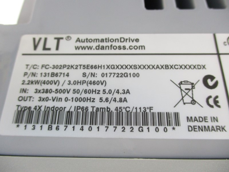 DANFOSS 131B6714 FC-302P2K2T5E66H1XGXXXXSXXXX 380-500V 5.0/4.3A (AS PICTURED)