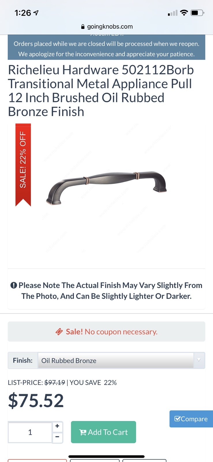 12″ Center Bar Pull Finish: Brushed Oil Rubbed Bronze