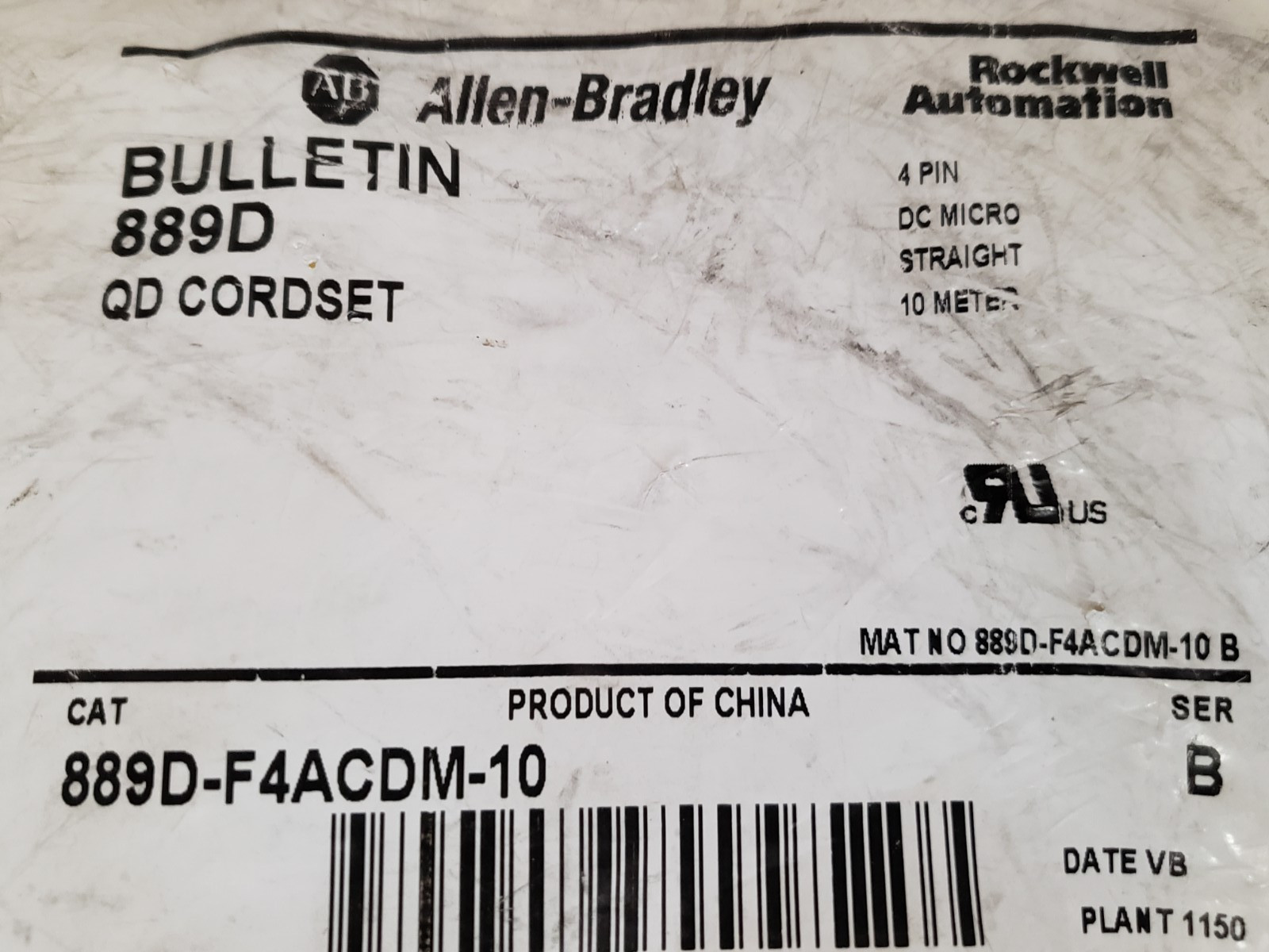 ALLEN BRADLEY 889D-F4ACDM-10 CORDSET MALE/FEMALE 4 PIN 10M SERIES B NIB