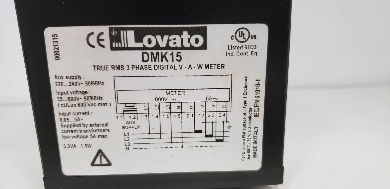 LOVATO DMK15 V-A-W DIGITAL MULTIMETER, 220-240V 50/60Hz