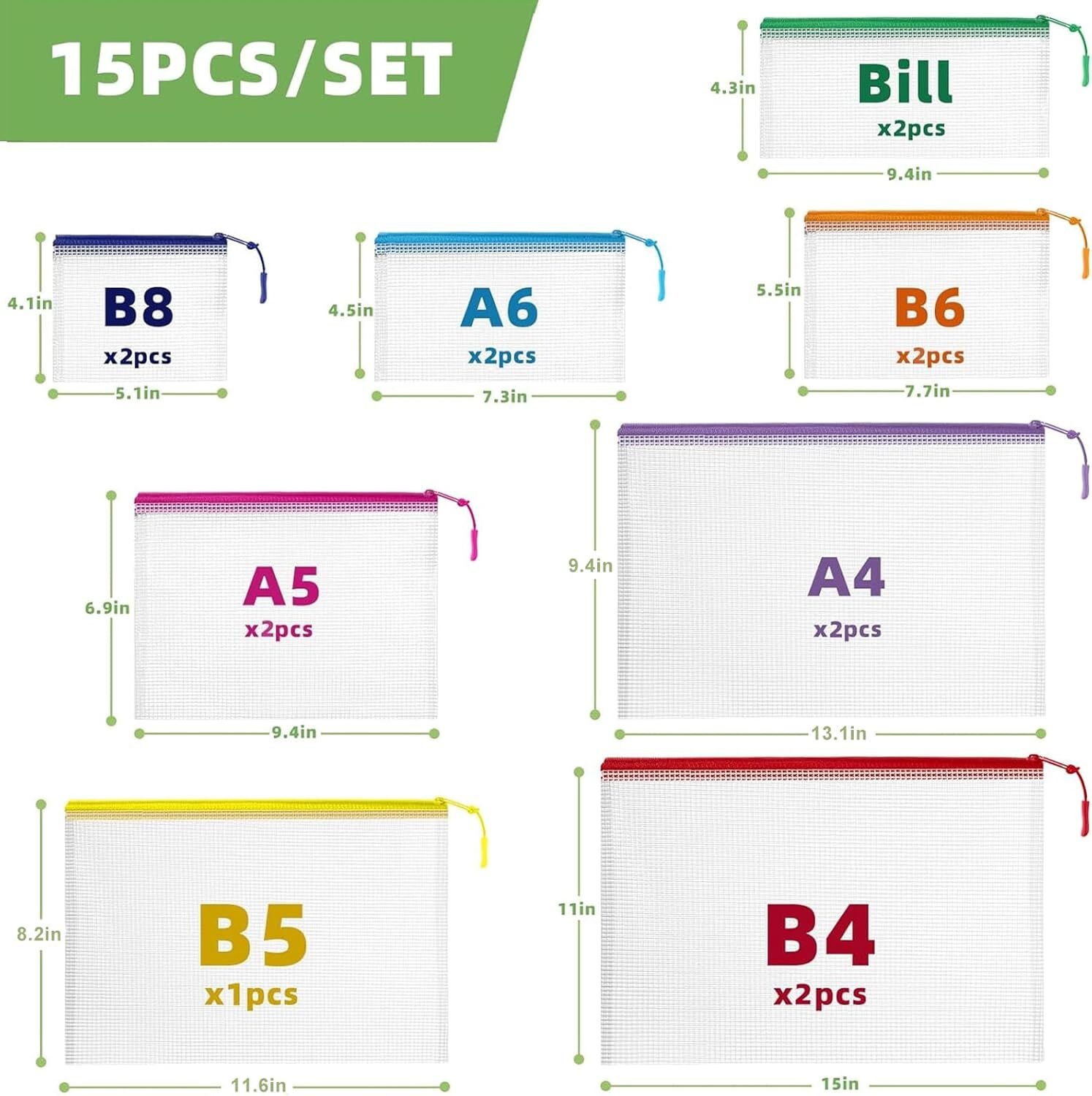 15pcs Mesh Zipper Pouch for rainbow 8size, 8 Color 8 Sizes 15 Pcs