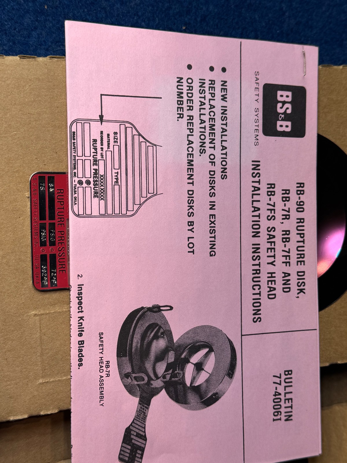 BS&B RB-90 Rupture Disk 2in 316 SS 84 PSIG @72F 75 PSIG @392F