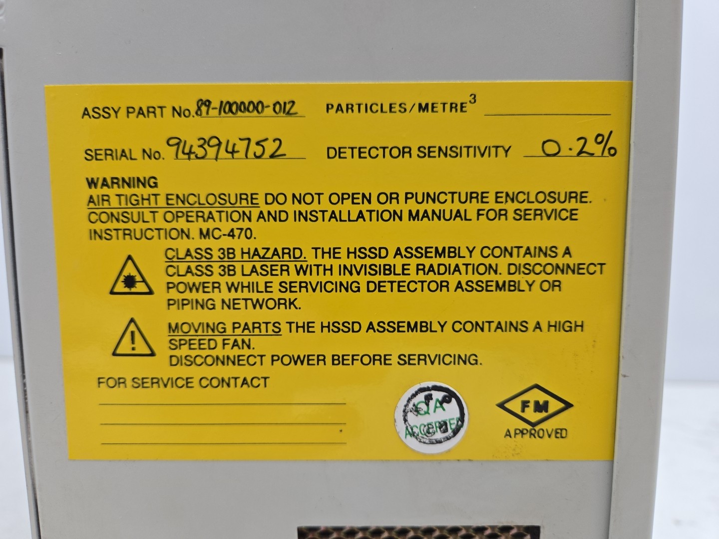 Fenwal Hssd 89-100000-012 High Sensitivity Smoke Detector 0.2% Sensitivity Used