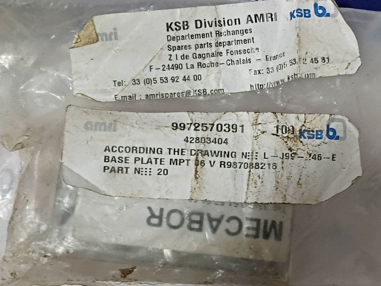 KSB amri 42803404 Base Plate MPT 06 V R987088216 P/n 20 Mecabor MRC3 PA