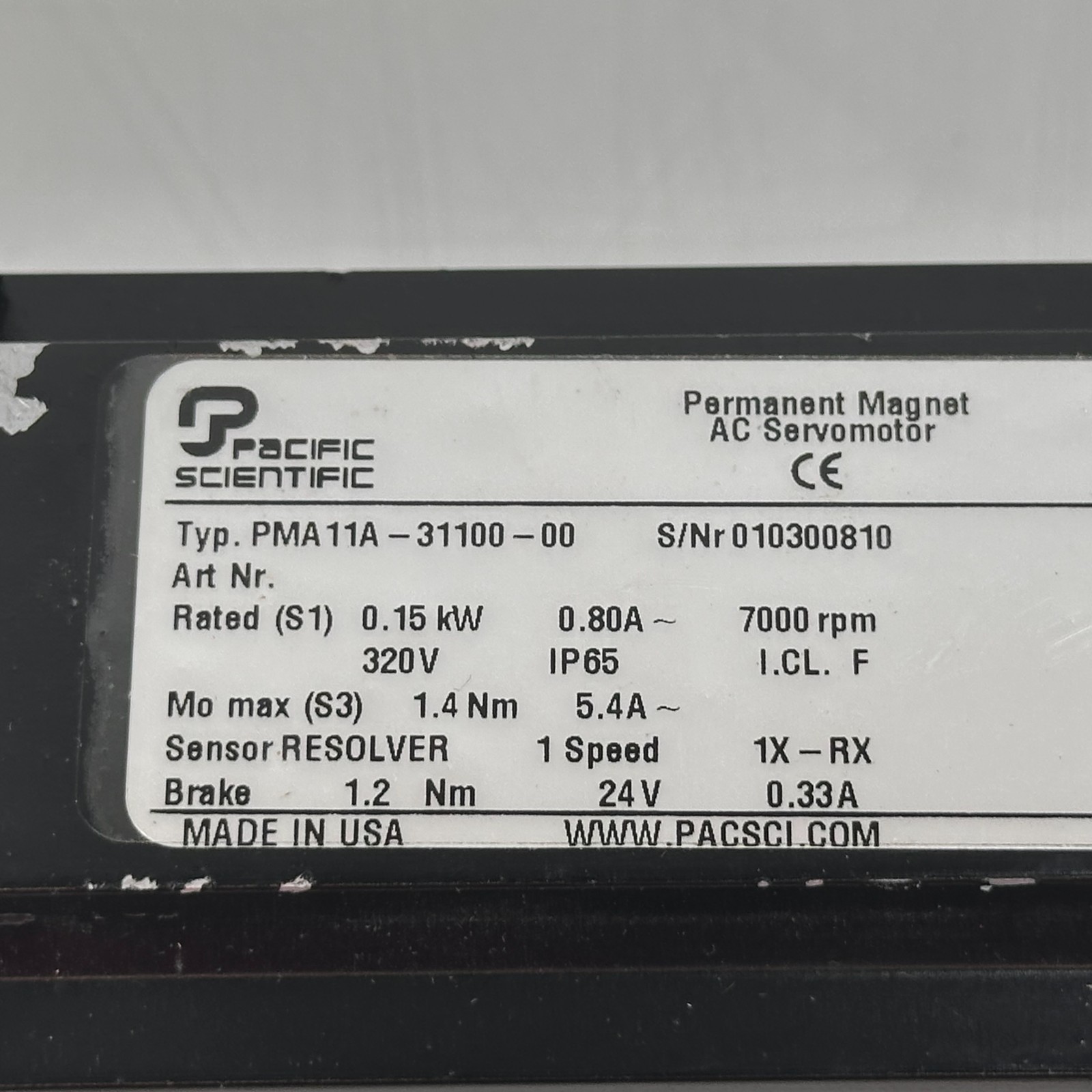 Pacific Scientific PMA11A-31100-00 AC ServoMotor