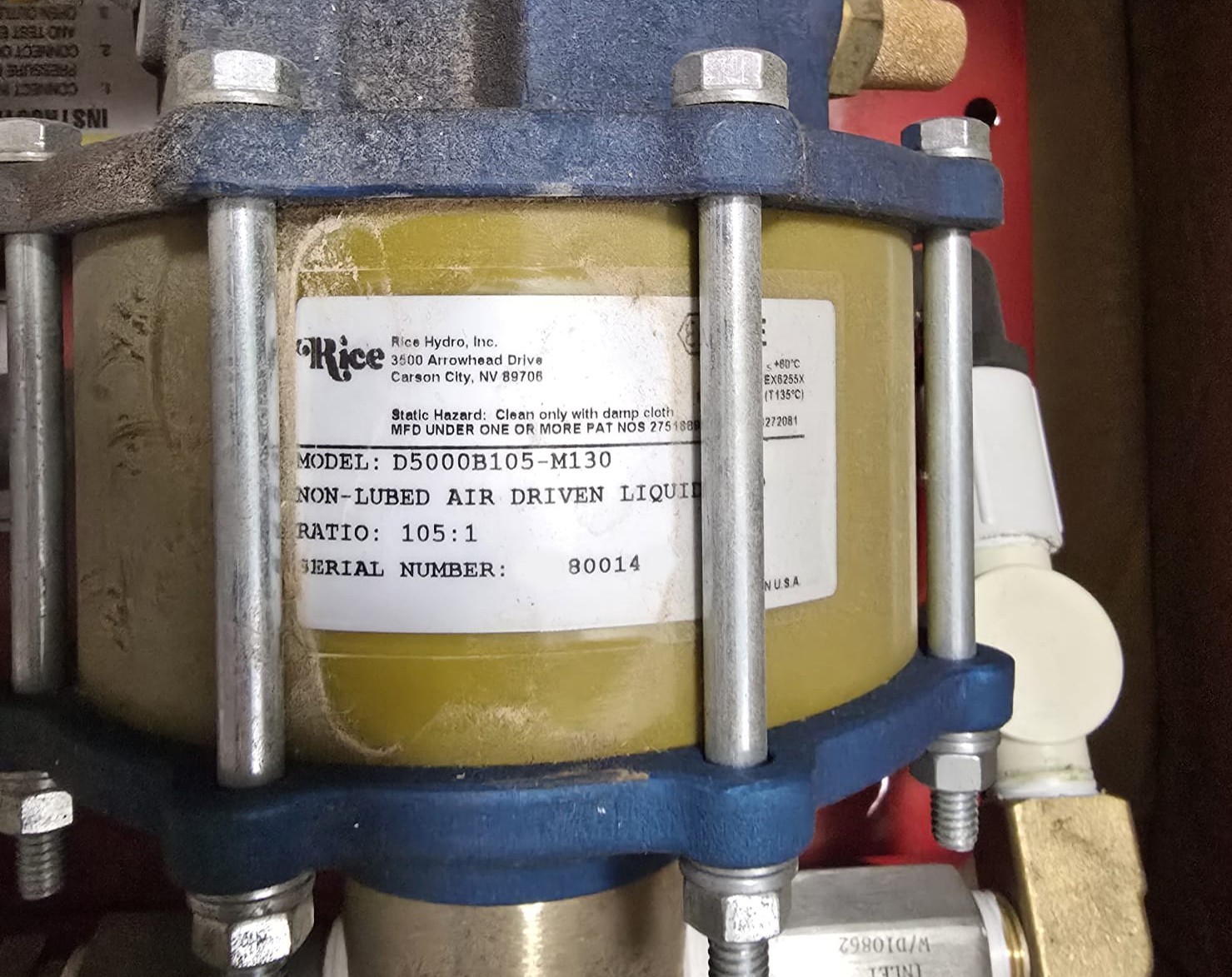 New Rice Hydro Hydrostatic Test Pump Model D5000B105-M130 Up To 10000PSI-USA