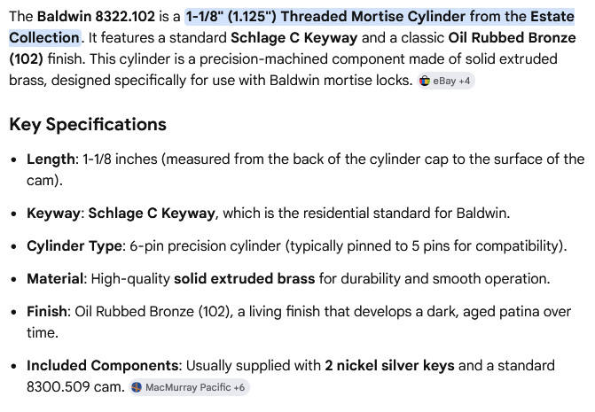 1 NEW BALDWIN 8322102 OIL RUBBED BRONZE MORTISE CYLINDER KEYWAY NIB *MAKE OFFER*