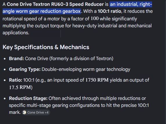 1 NEW CONE DRIVE TEXTRON RU60-3 SPEED REDUCER 100:1 RATIO NNB ***MAKE OFFER***