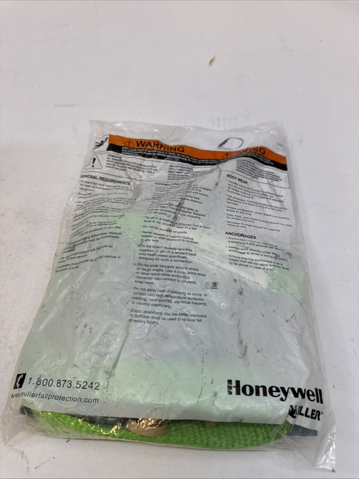 HONEYWELL MILLER 213TWLS-Z7/3FTGN Positioning Lanyard,Green,Fixed 19Z712