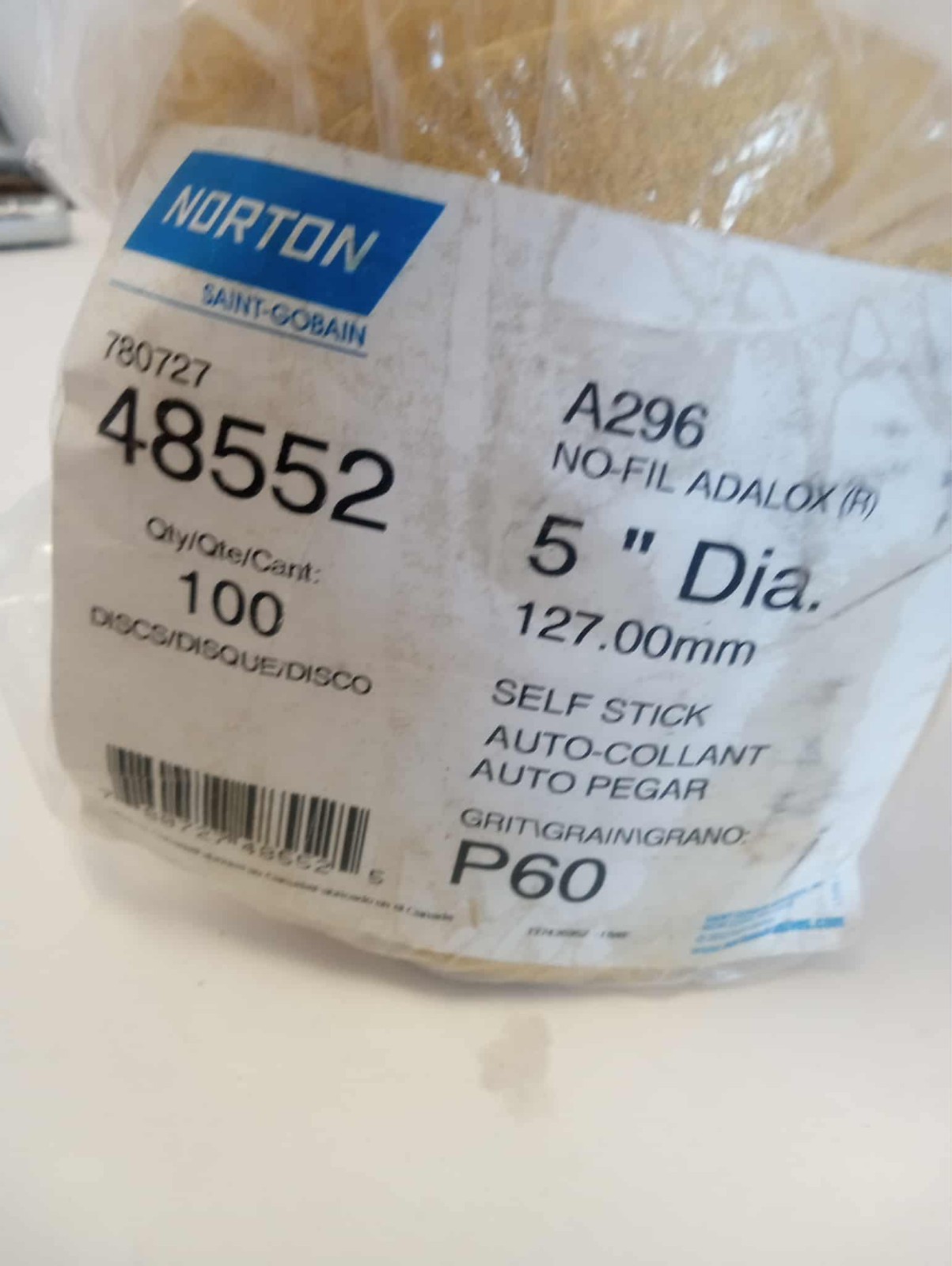 Norton 780727-48552 5″ Dia PSA Disc Roll: 60 Grit, Aluminum Oxide Medium Grade,