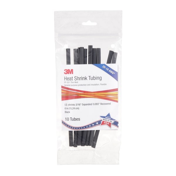 3M Fp301-3/16-6″-Black-10-10 Pc Pks Shrink Tubing, 0.187 In Id, Bl, 6 In, Pk10