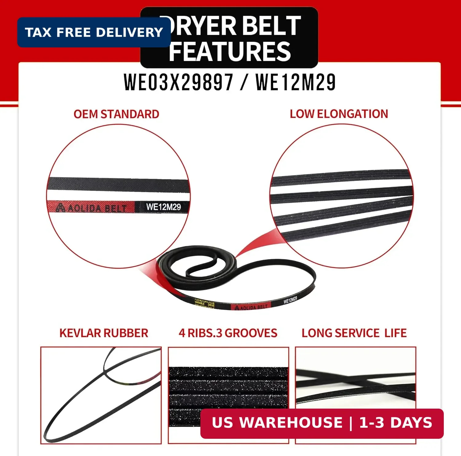2 PCS Dryer Drum Drive Belt GE WE12M29 WE03X29897 (89.5 Inches) Replacement for