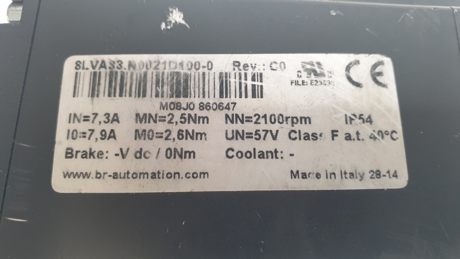 B&R Automation Motor, 8LVA33.N0021D100-0, Rev C0, 2100 RPM, 57V, IP54