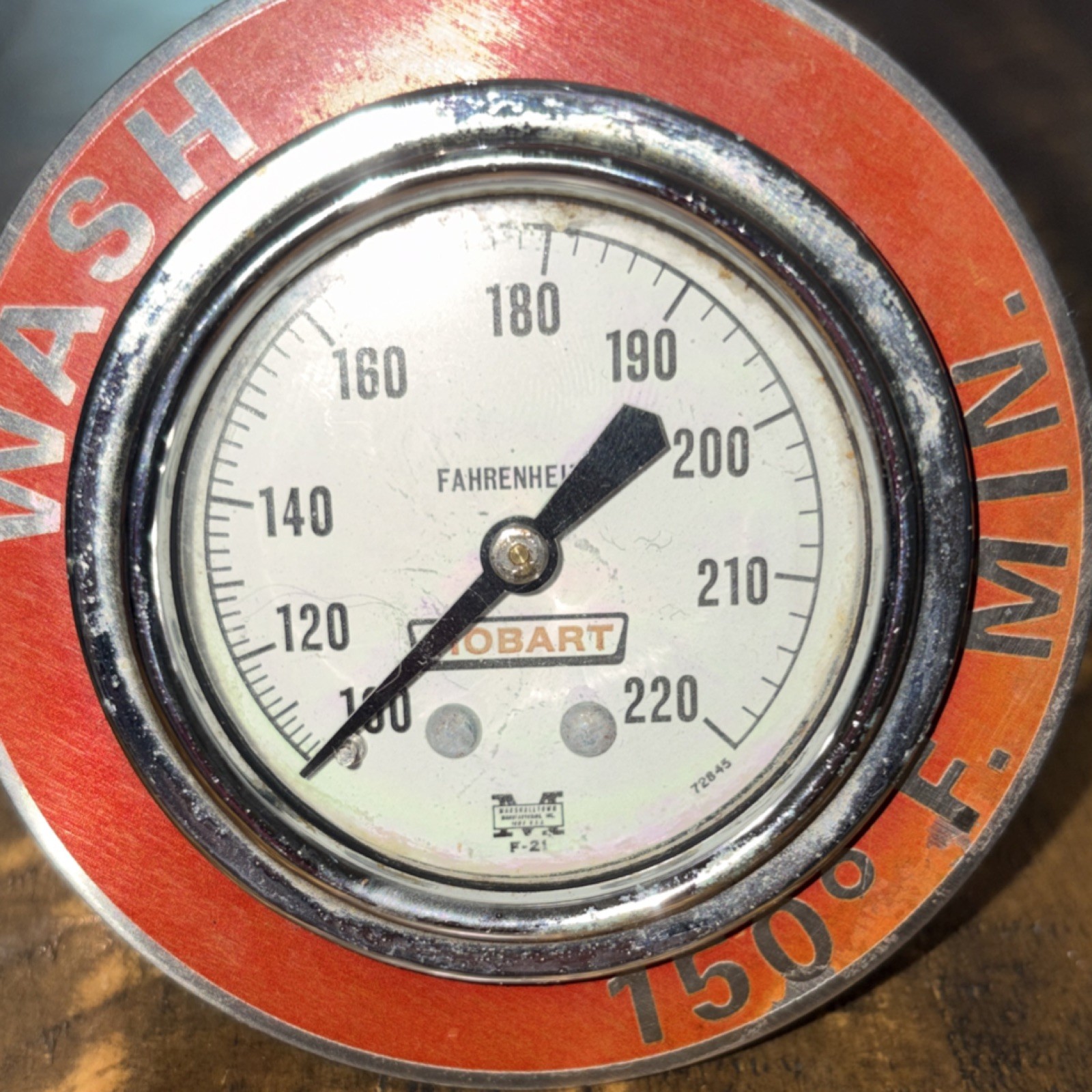 HOBART Round Dial “WASH” Temperature Gauge 120-220°F Fahrenheit Scale Red/Chrome