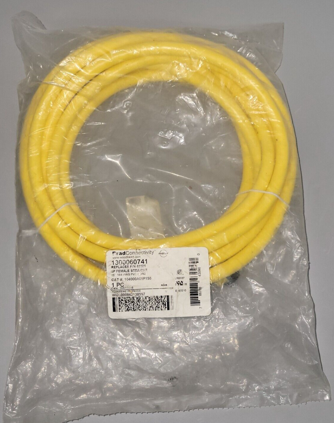WOODHEAD BRAD CONNECTIVITY 15′ 4P FEMALE CORDSET 1300060741 104000A01F150 (B119)