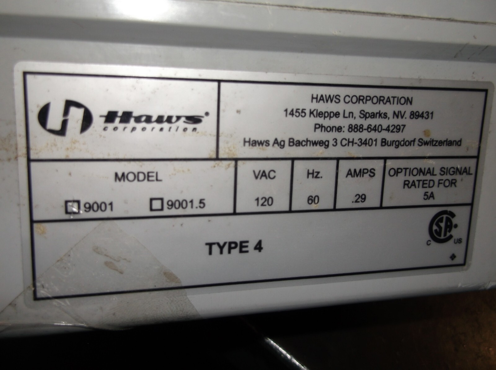 HAWS 9001 ALARM ENCLOSURE 120 VAC 60HZ 0.29A (321-1)
