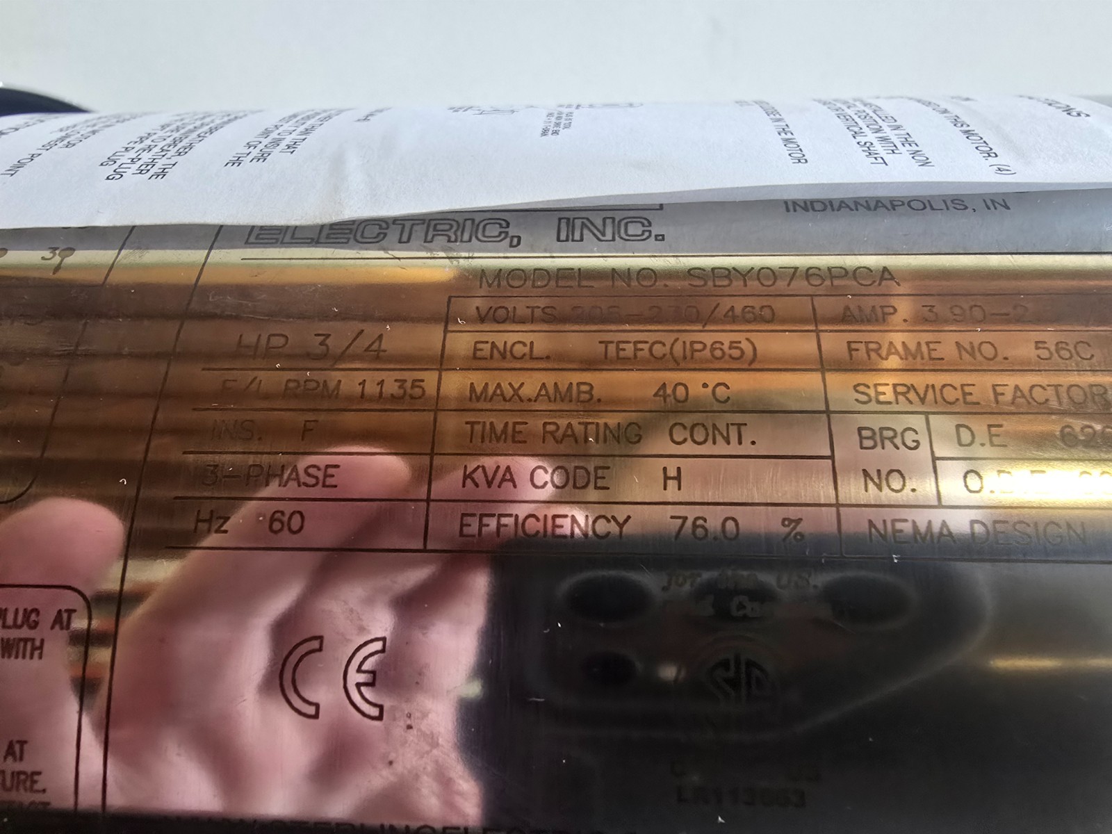 NOS! STERLING ELECTRIC NEMA PREMIUM 3/4HP STAINLESS STEEL MOTOR SBY076PCA