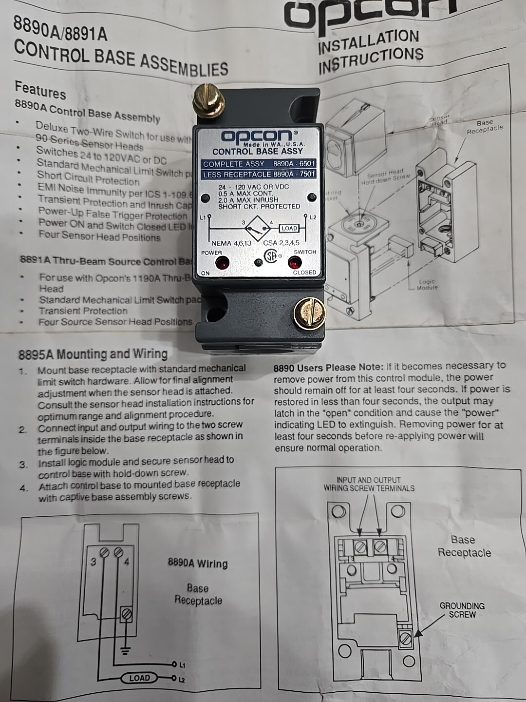 Eaton Cutler Hammer Opcon 8890A-6501 Includes 8890A-7502 Base NEW In Box