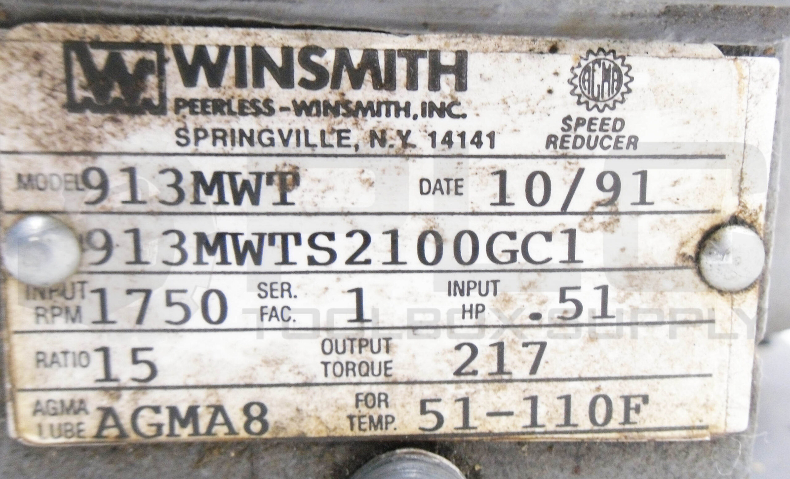 WINSMITH 913MWTS2100GC1 SPEED REDUCER 1750RPM .51HP 913MWT