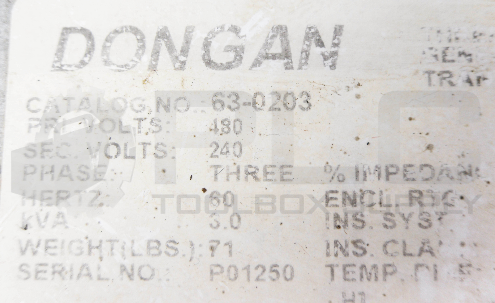DONGAN 63-0203 3 PHASE GENERAL PURPOSE TRANSFORMER 480/240V 60Hz