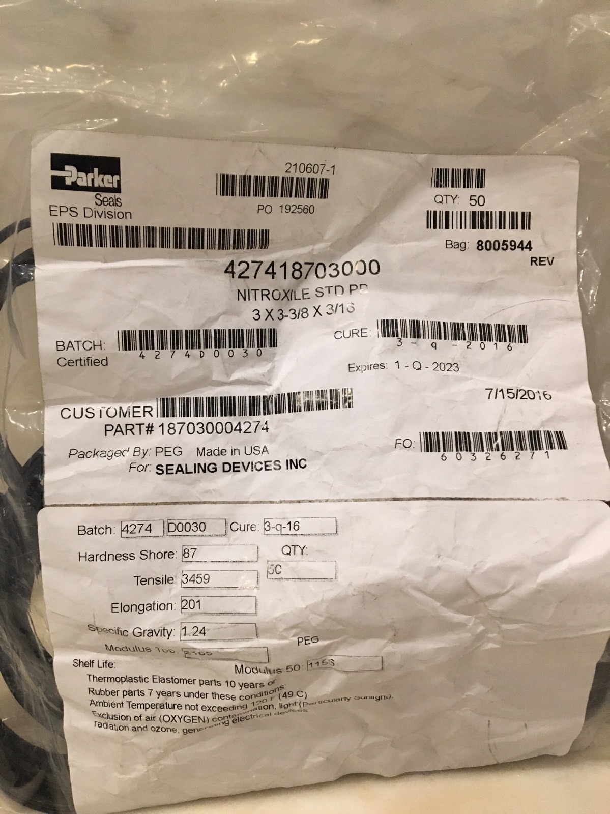 Lot of 50 Parker 427418703000 Nitroxile 3 x 3-3/8 x 3/16 Seals