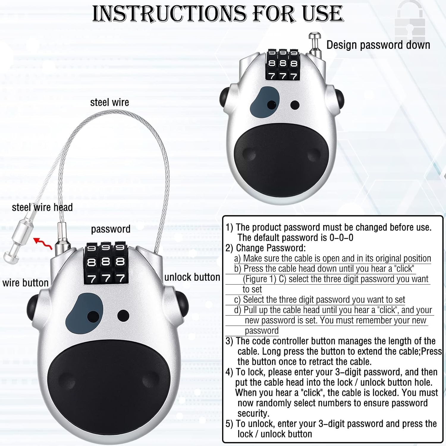2 Pcs Combination Lock With 27 Inch Cable Adjustable Cable Locks Security Wir