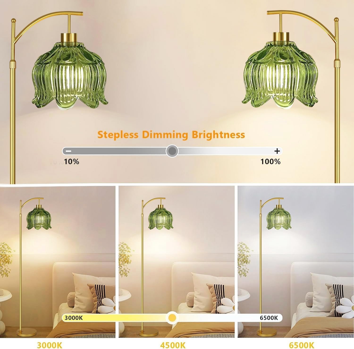 Mid Century Modern Gold Floor Lamp with Remote – Dimmable Brass & Green Glass Ar