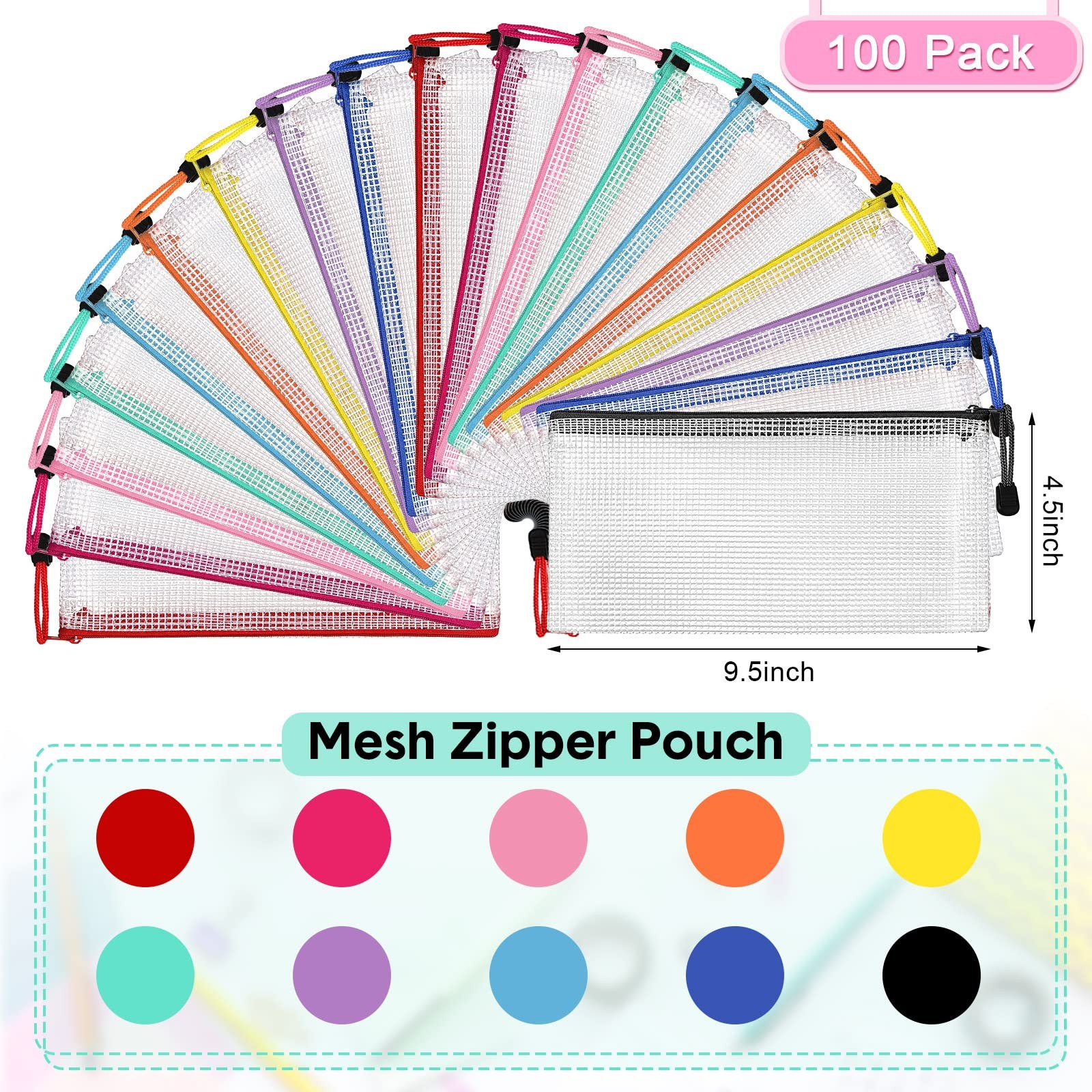 Mimorou 100 Pack Pencil Pouch Bulk Mesh Zipper 9.5 x 4.5 inches, Fresh Color